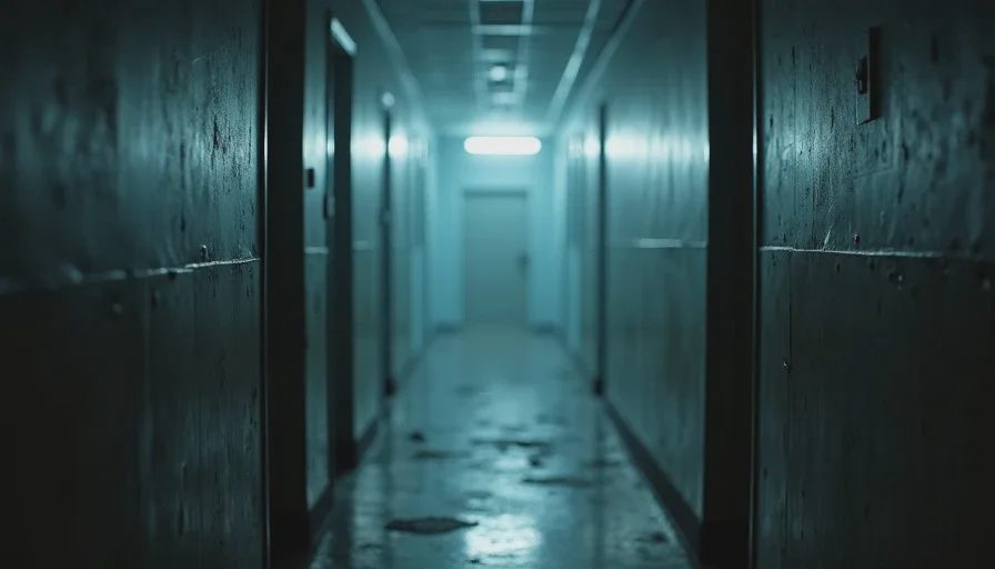 When scarcity of light was part of the design Narrow hallway with single flickering fluorescent light
