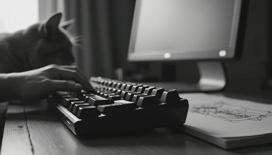 The desk where the writing happens Left hand on keyboard under monitor glow