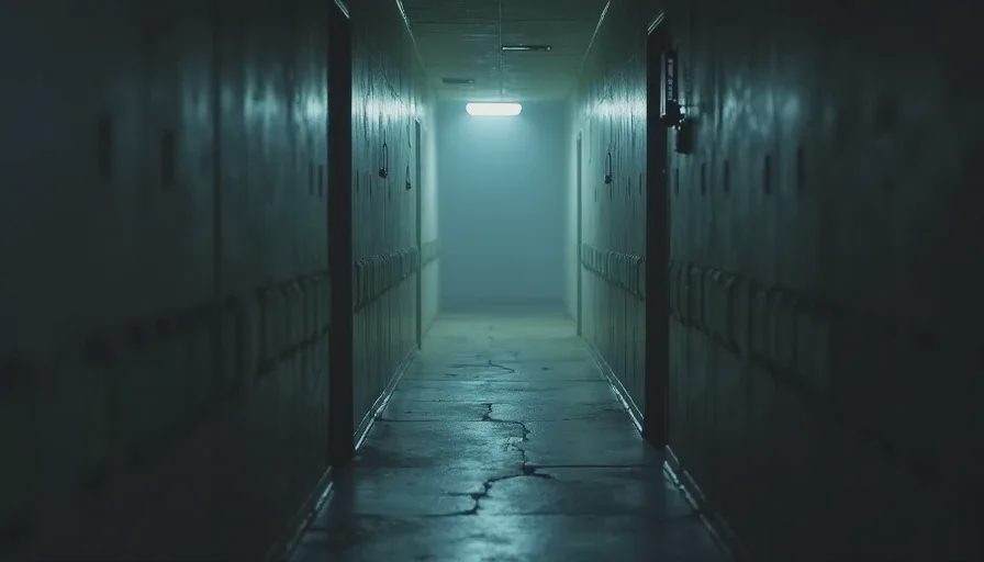 Narrow hallway fading into darkness under one light