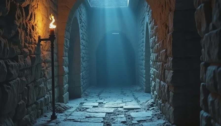 Torch-lit stone corridor with heavy shadows