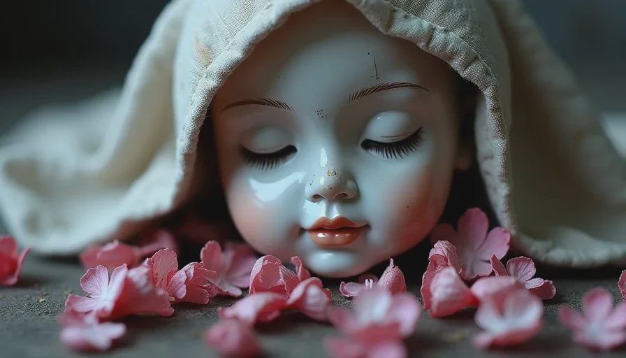 Damaged porcelain doll face among fabric and petals