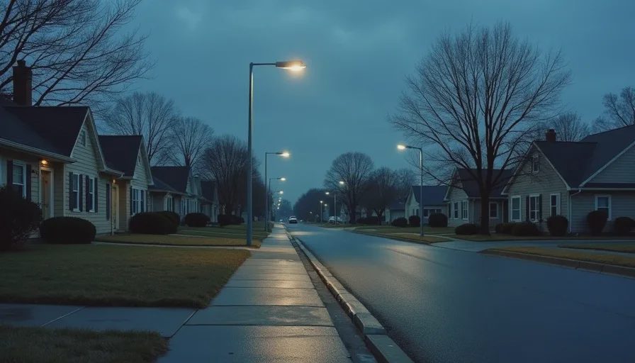 The ordinary made specific and strange Empty suburban street under a single streetlight at dusk