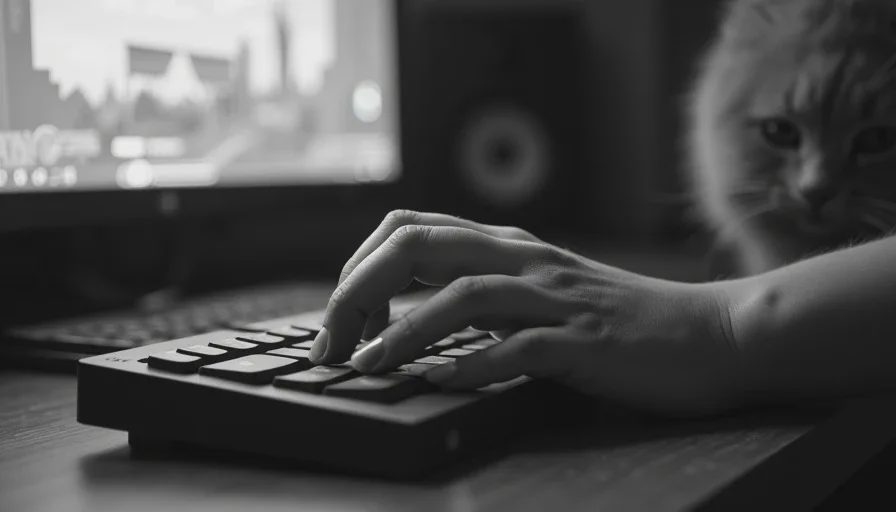 Attention held by clean, readable systems Hand on keyboard before a precise combat stance