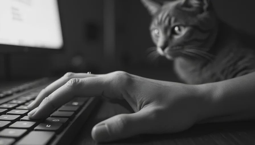 The hours that no longer expand Hand on keyboard under monitor glow with cat silhouette