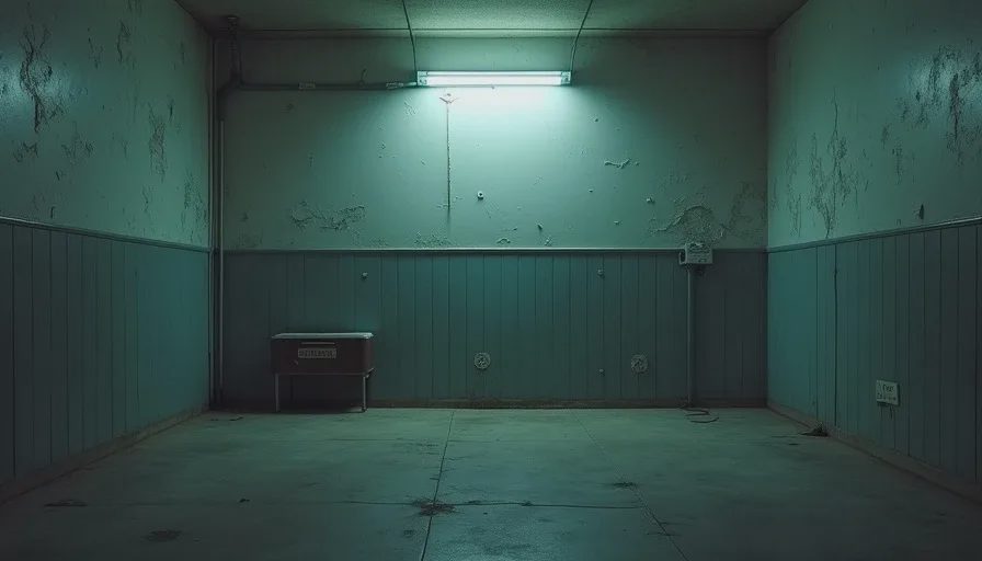 When the surface itself carried the wrongness Peeling wallpaper meeting stained concrete under fluorescent light