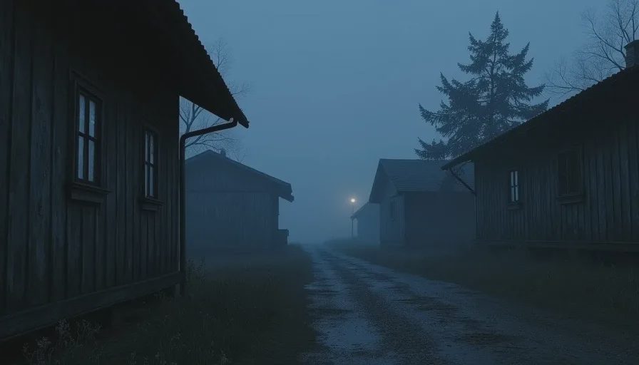 Foggy rural path between wooden houses at night