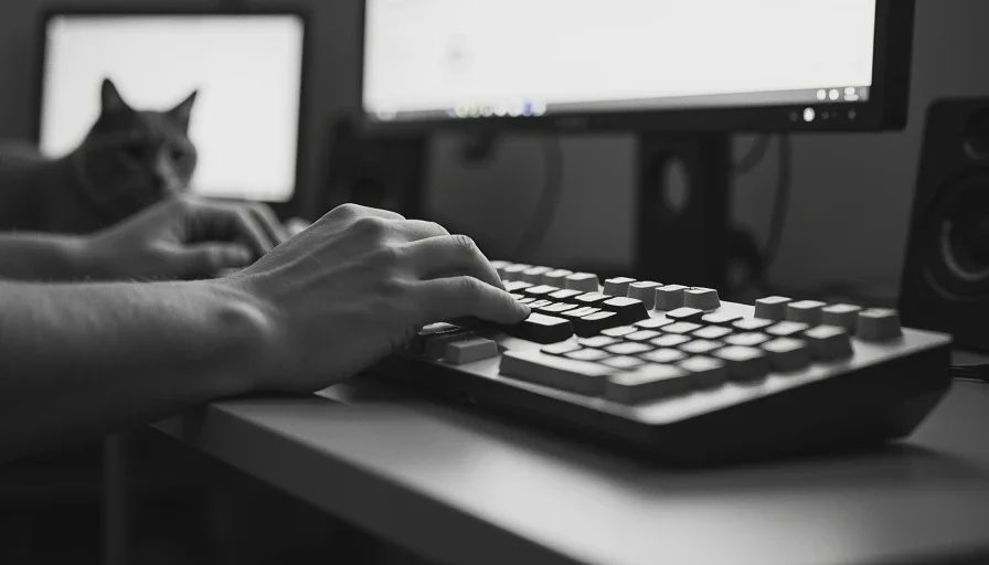 Hand on keyboard with monitor glow and cat silhouette