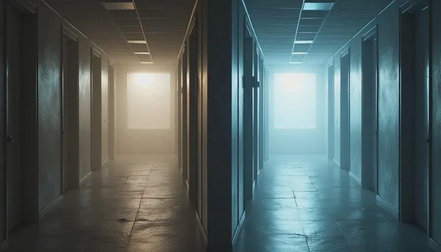 When clarity changes what the space withholds Same corridor under original limited light versus modern even lighting